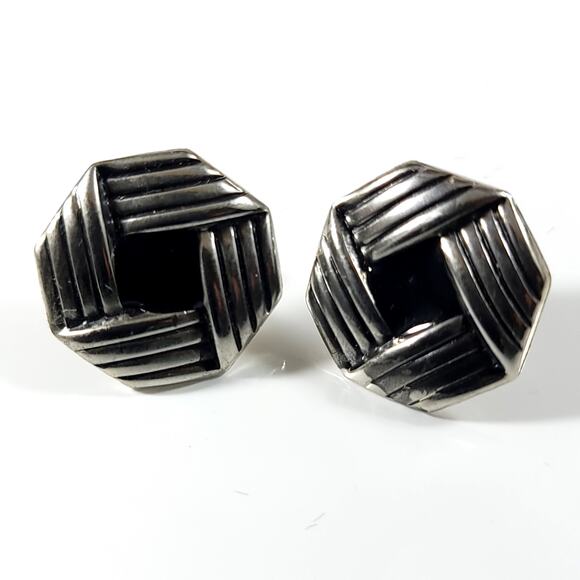 Vintage Hexagonal Textured Earrings, Silver & Gold Tone, Geometric Design - Picture 1 of 10